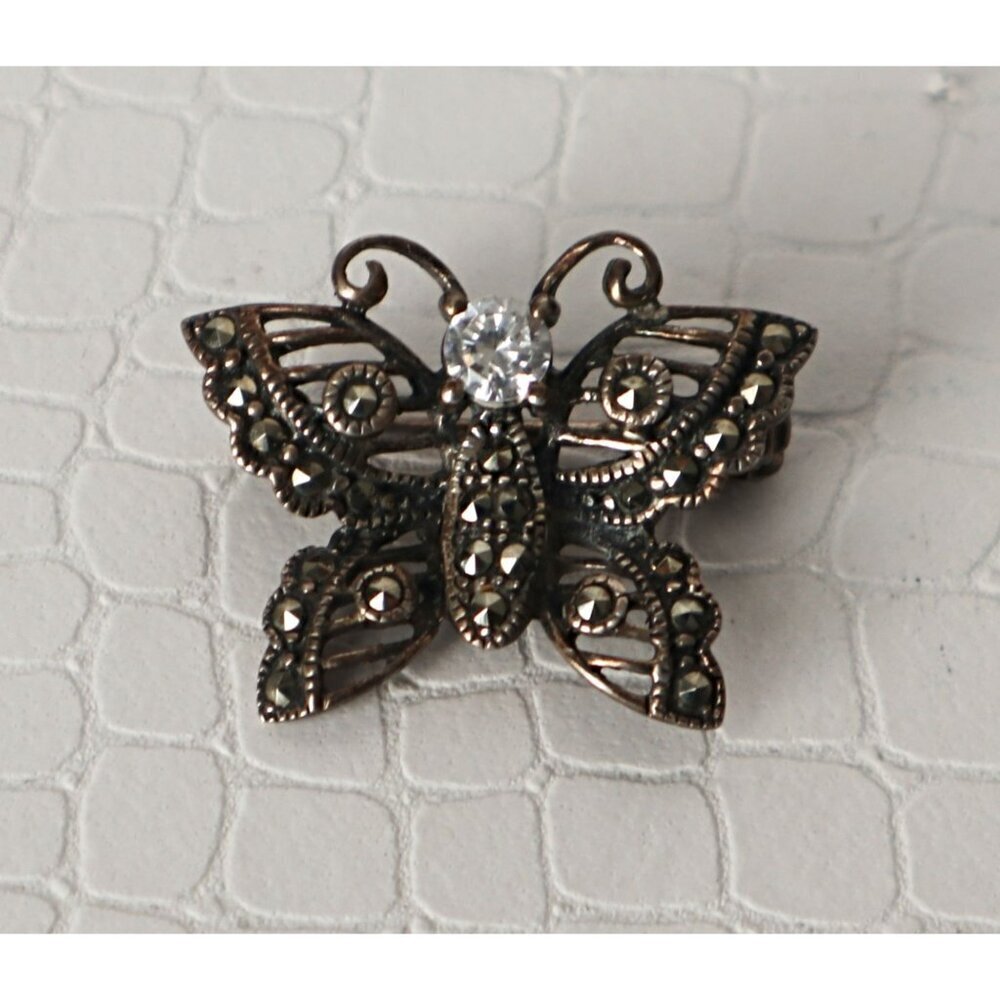 Vintage 925 Silver Crystal and Marcasite Butterfly Sterling Silver Brooch Pin - Picture 2 of 4